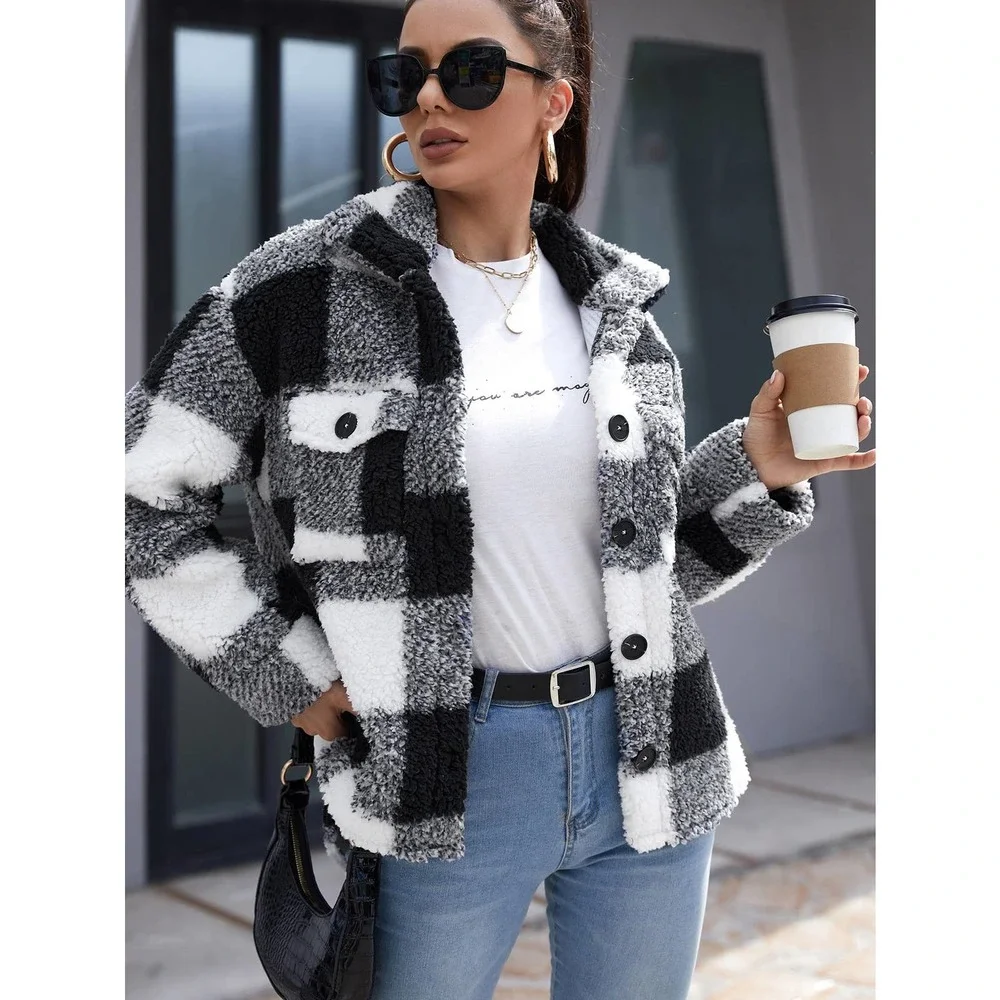 Buffalo Plaid Flap Pocket Teddy Coat teddy jacket black white faux fur - Picture 1 of 5